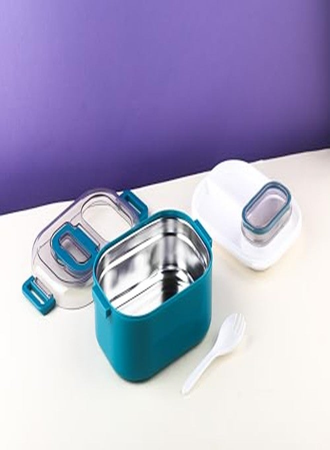 Attro Happy Meal Lunch Box Comes with 1 Small Container, Stylish Anti Spill Lid & 1 Baby Spoon Outer Plastic & Inner Stainless Steel BPA Free, Food Grade - 700ml Peacock Green - Image 2
